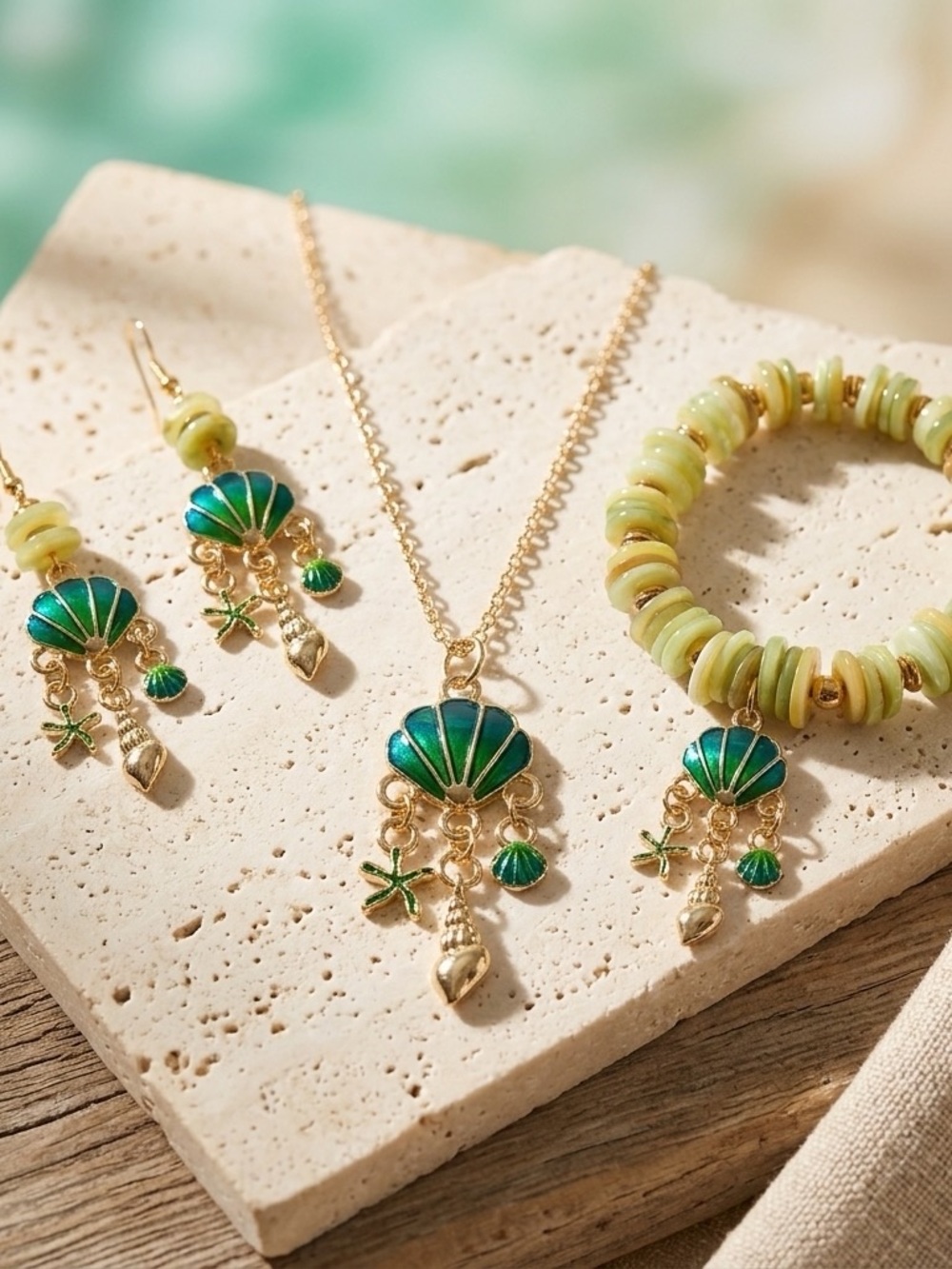Sea Shell Charm Jewelry Set With Bold Green Enamel